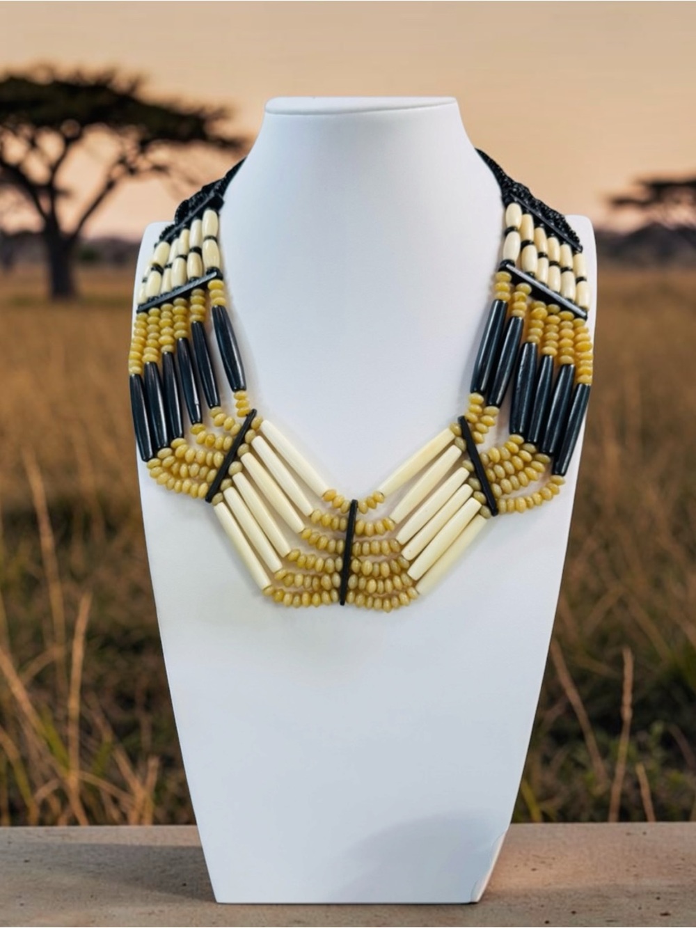 Vintage Artisan Handmade Bone, Glass and Horn Tribal Necklace 18-20 in.